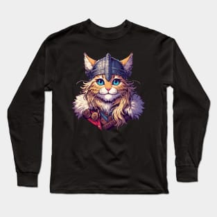 Cute Viking Warrior Cat Norse Mythology Anime Portrait Long Sleeve T-Shirt